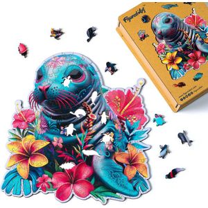 Figured'Art Houten Puzzel 200 Stukjes Volwassenen en Kinderen - Dieren - Zeehond en Bloemen - Uniek Design 26,5x28,5 cm met Premium Houten Doos, Perfect als Cadeau