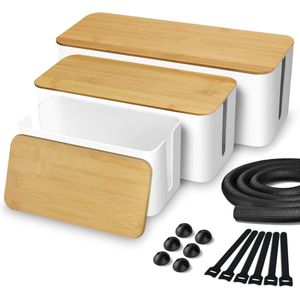 Kabelorganizer met bamboedeksel - verborgen opslag en verzameling van stopcontacten - tafel en bureau - wit .