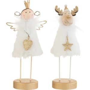 J-Line figuur Engel/Rendier Op Voet - vacht/hout - wit/goud - small - 2 stuks