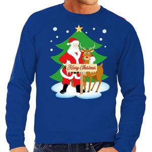 Foute kersttrui / sweater met de kerstman en rendier Rudolf blauw voor heren - Kersttruien S