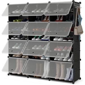 COSTWAY Schoenenrek met 12 vakken, schoenenkast van kunststof voor 48 paar schoenen en laarzen, doe-het-zelf schoenenorganizer met zijhaken, schoenenstandaard voor ingang, hal, zwart