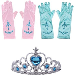 Het Betere Merk - Voor bij je prinsessen verkleedkleding - prinsessenspeelgoed meisje - speelgoed - 3-Pack - handschoenen + Kroon - Tiara - Roze - Blauw