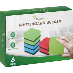 Happy Life whiteboard wisser voor creatieve ruimtes - Magnetisch - 6 stuks - 50x50x21mm - 3 kleuren