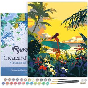 Figured'Art Schilderen op Nummer Volwassenen met lijst Surfer bij zonsondergang- Handwerk acrylverf Kit DIY Compleet - 40x50cm Canvas al ingelijst