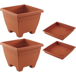 3x stuks vierkante plantenbakken/potten 35 x 35 x 27 cm terra cotta kleur met opvangschaal van 31 cm - Kunststof - Buiten gebruik