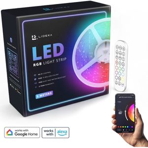 Lideka - LED Strip - 5 Meter - met Afstandsbediening - RGB - 3 Honderd Led lights - Led Light Strip - 10 mm Breed - 2 Jaar Garantie - 30W - 2.0 A - Om 15 CM Knippen - TV - Smart Verlichting - Licht strip