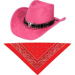 Carnaval verkleedset luxe model cowboyhoed Rodeo - roze - en rode hals zakdoek - voor volwassenen