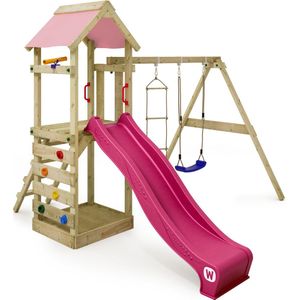 WICKEY speeltoestel klimtoestel FreeFlyer met schommel en pastelroze glijbaan, outdoor speeltoestel voor kinderen met zandbak, ladder en speelaccessoires voor de tuin