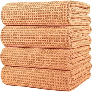 Microvezel badhanddoek - pluisvrij & sneldrogend - wafelstructuur - zeer groot - oranje - 152 x 76 cm - 4 stuks