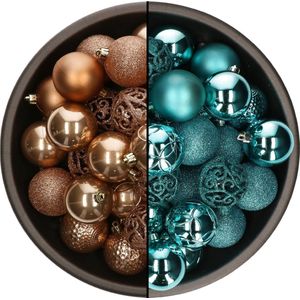 Bellatio Decorations Kerstballen mix - 74-delig - turquoise blauw en camel bruin - 6 cm - kunststof