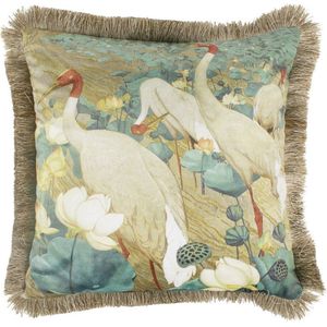 Sierkussen kraanvogels fluweel met gouden franjes 45x45 cm