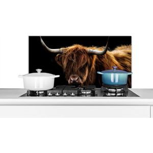 Spatscherm keuken 80x40 cm - Kookplaat achterwand Schotse Hooglander - Horens - Zwart - Dieren - Natuur - Wild - Koe - Muurbeschermer - Spatwand fornuis - Hoogwaardig aluminium