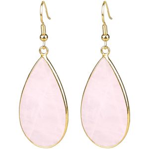 Edelstenen oorbellen Big Teardrop Rose Quartz Gold - edelstaal - oorhanger - roze - rozenkwarts - goud - druppel