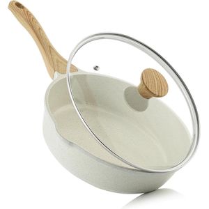 Koekenpan met deksel 26 cm/4 liter - Koel handvat - Chef-kokpan - Gezonde stenen kookpan - Inductie compatibel - PFOA-vrij (wit) Koekenpan