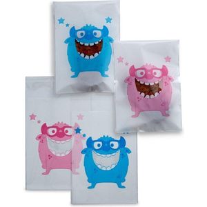 200 x Transparante Uitdeelzakjes voor kindertraktatie op school - blauw en roze Cookie Monster patroon uitdeel zakjes - 9,5 x 13 cm