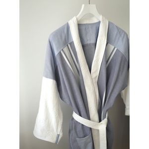 YELIZ YAKAR - Handmade - Luxe unisex sauna kimono / badjas “ Sunrise IV ��”- ochtendjas - size3=L/XL - 100% katoen - blauw en wit tinten streep - designer kleding - kerst - luxecadeau - kerstcadeau