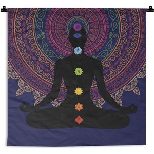 Wandkleed De Zeven Chakra's - Versierde achtergrond boven een silhouet met de zeven chakra's Wandkleed katoen 150x150 cm - Wandtapijt met foto