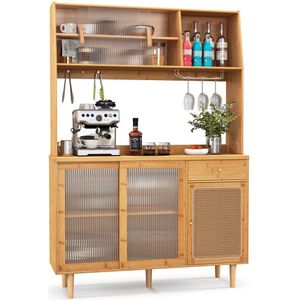 COSTWAY Buffetkast met opzetstuk, keukenkast bamboe, keukenbuffet met schuifdeur & rotan deur & haak & glashouder & lade, voorraadkast, vitrinekast, landelijke stijl, natuur