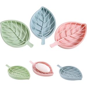 Set van 6 zeepbakjes bladvormig zeepbakje kunststof houd zeep droog en schoon voor badkamer, keuken, doucheruimte, wasruimte (roze, blauw, groen)