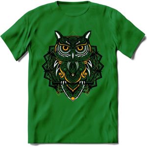 Uil - Dieren Mandala T-Shirt | Geel | Grappig Verjaardag Zentangle Dierenkop Cadeau Shirt | Dames - Heren - Unisex | Wildlife Tshirt Kleding Kado | - Donker Groen - 3XL