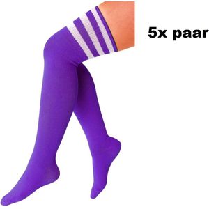5x Paar Lange sokken paars met witte strepen - maat 36-41 - Lieskousen - kniekousen overknee kousen sportsokken cheerleader carnaval voetbal hockey unisex festival