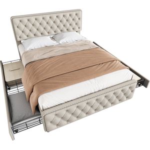 Merax Kingsize Tweepersoonsbed 180x200 cm met 4 Opberglades - Luxe Gestoffeerd Bed met Verstelbaar Hoofdbord - Beige