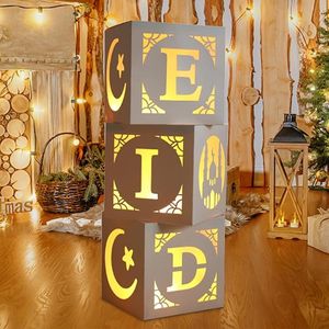 Ramadan decoratie, 3 stuks Mubarak Eid holle dozen met verlichting, Eid Ramadan decoratie, Eid Mubarak decoratie, Eid Ramadan ballondozen, transparante ballonbox voor moslim, islamitische ramadan,