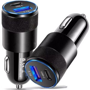 Autolader USB C – Auto Oplader met 2 USB-C Poorten – Snelladen & Universeel – Sigarettenaansteker Splitter Adapter – Zwart
