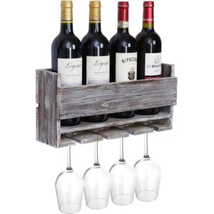 Wijnrek Wijnhouder Wandflessenrek Houten wijnfleshouder Plank Wijnstandaard voor 4 flessen en 4 glazen