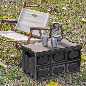 Campingbox, campingtafel, klaptafel, campingaccessoires, kofferbak, organizer, auto, vouwbox, opvouwbaar, stabiel, stapelboxen, plastic box met deksel en kofferbaktas, koeltas, groot, 55 l, zwart