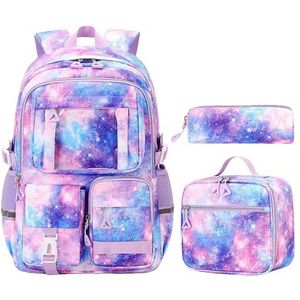Ultiluxe® Rugzak, lunchtas, etui - Sterren - Paars/roze/blauw - 3-delige set - Schooltas, rugtas, 15.6 inch laptoptas - Schoolrugzak, koeltas, pennentas - 46 x 31 x 18 cm - Voor kinderen en meiden - Waterbestendig - Schoolrugtas