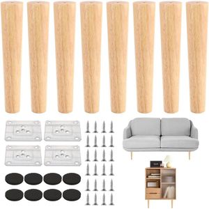 Furniture Legs 20 cm - Set of 8 Oak Wood Table Legs with Mounting Plates and Screws