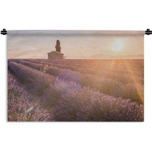 Wandkleed De lavendel - Zonsopkomst boven een lavendelveld Wandkleed katoen 60x40 cm - Wandtapijt met foto