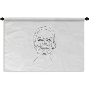 Wandkleed Line-art Vrouwengezicht - 20 - Line-art blij vrouwengezicht op een witte achtergrond Wandkleed katoen 180x120 cm - Wandtapijt met foto XXL / Groot formaat!