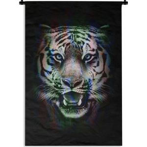 Wandkleed TijgerKerst illustraties - Gekleurde tijgerkop tegen een zwarte achtergrond Wandkleed katoen 90x135 cm - Wandtapijt met foto