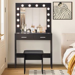 Kaptafel met Hollywood LED-verlichting - Make-up tafel met 2 laden en kruk voor meisjes en vrouwen