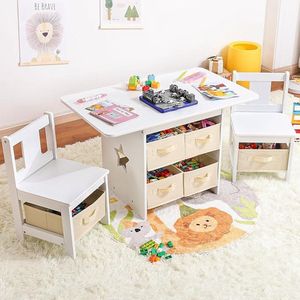 Kindertafel met 2 Stoelen en Opbergruimte - 3-delige Kindersitzgroep voor Kinderkamer of Speelkamer, Ideaal als Tekentafel voor Peuters en Kleuters (wit)