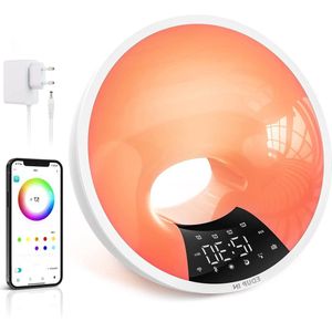Lichtwekker met Bluetooth Speaker en APP Bediening - Simuleert Zonsopgang, 4 Wekker, Snooze, 16 miljoen Nachtlampje, 7 Natuurlijke Tonen, Dimbaar - USB Aansluiting, Radio Adapter (Wit)