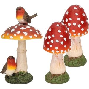 Decoratie paddenstoelen setje met 2x gewone paddenstoelen van 13 cm en 1x vliegenzwam van 16 cm met vogeltjes