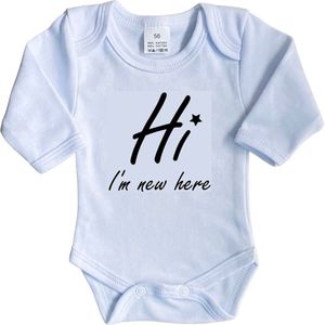 La Petite Couronne Romper Lange Mouw ""Hi I'm new here"" Met Een Sterretje Unisex Katoen Wit/zwart Maat 62