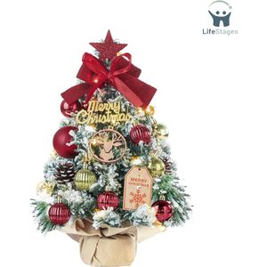LifeStages - Kant en Klare Kerstboom - Mini-kerstboom - Kleine Kerstboom met Verlichting - LED-tafel - Kerstboom Kunstmatig Versierd voor Kerstdecoratie - 40 cm - Rood met Goud