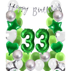 Snoes Ballonnen 33 Jaar Wit Groen Zilver Mega Ballon - Compleet Feestpakket 33 Jaar - Verjaardag Versiering Slinger Happy Birthday – Folieballon – Latex Ballonnen - Helium Ballonnen
