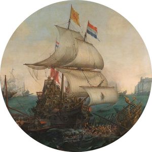 Hollandse schepen overzeilen Spaanse galeien onder de Engelse kust, Hendrik Cornelisz. Vroom - Foto op Behangcirkel - ⌀ 60 cm