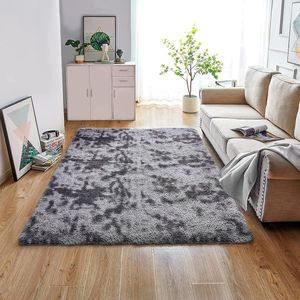 Famanu Pluizig vloerkleed voor woonkamer, grote maat, moderne woonkamer, meisjes, zacht en pluizig tapijt voor de slaapkamer (donkergrijs, 80 x 150 cm)