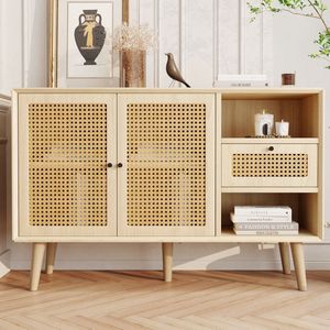 Rotan deur Dressoir Buffetkast - Ladenkast met 1 lade en 2 magnetische deuren - Massief houten poten - verstelbare planken - Accentkast voor eetkamer / woonkamer / entree