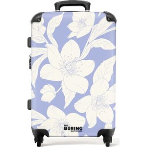 NoBoringSuitcases.com® - Koffer groot - Rolkoffer lichtgewicht - Licht paars met witte bloemen - Reiskoffer met 4 wielen - Grote trolley XL - 20 kg bagage