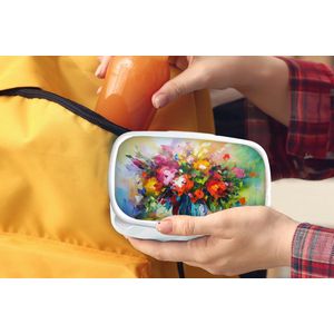 Broodtrommel Wit - Lunchbox Bloemen - Kleurrijk - Bloempot - Olieverf - Brooddoos 18x12x6 cm - Brood lunch box - Broodtrommels voor kinderen en volwassenen