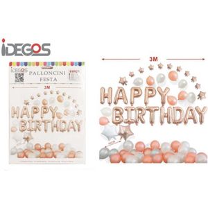 IDEGOS Ballonnen set - 61 stuks - Happy Birthday ballonnen - Rosé Goud - Folieballon - Sterren ballonnen - Ronde Ballonnen - Feestversiering decoratie - Kinderfeestje - Verjaardag - Tekst