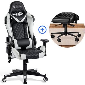 K IKIDO - Gamestoel - Bureaustoel - Gaming Chair - Nek - en Rugkussen - Verstelbare Zithoogte - Kantoor/Thuis /Gaming - Zwart/Grijs - Met bureaustoel vloermat
