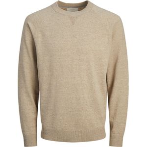 JACK & JONES Miles knit crew neck slim fit - heren pullover katoen met linnen met O-hals - beige melange - Maat: M